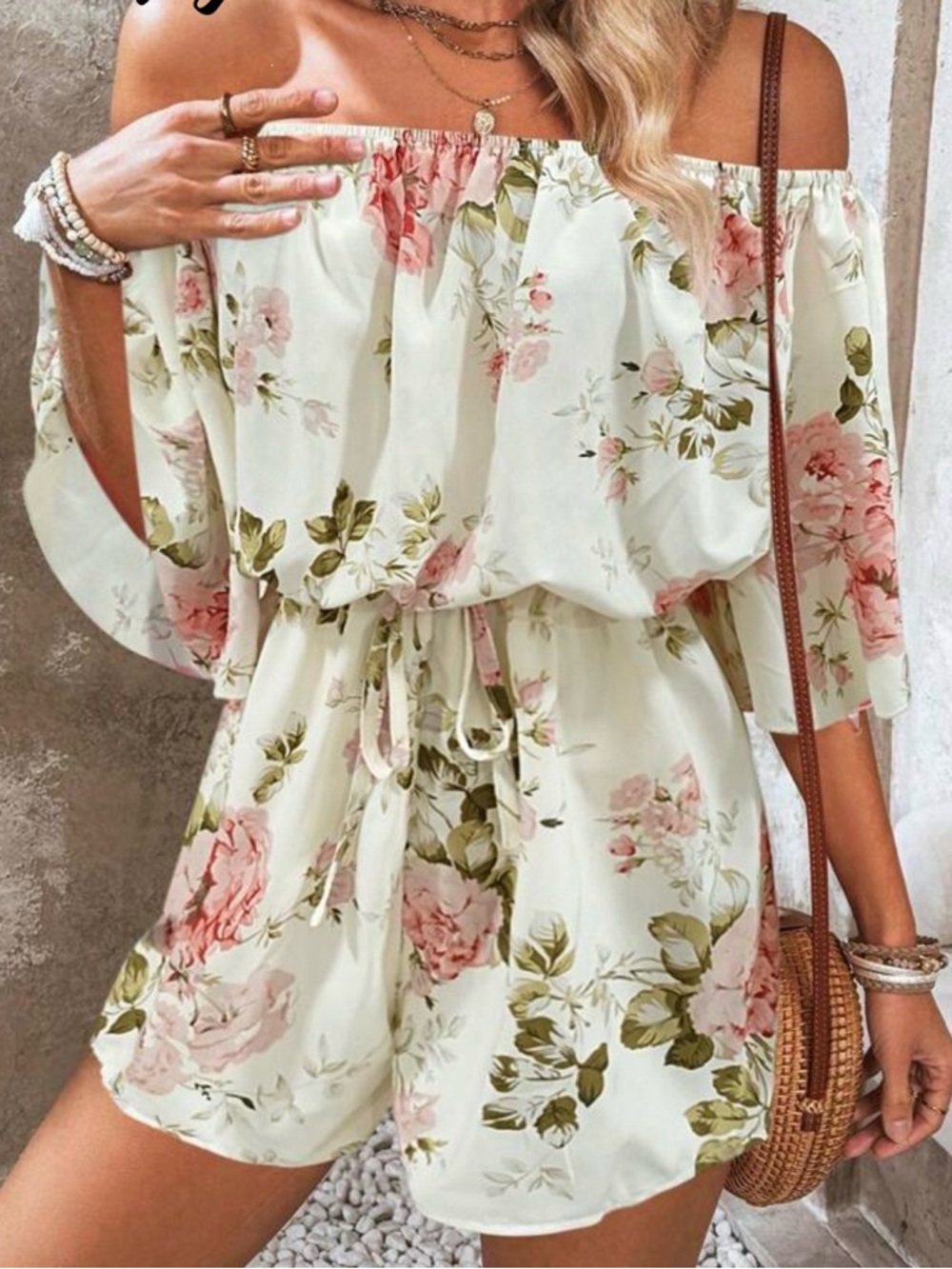 Off-Shoulder Floral Romper in Cream with Pink Roses